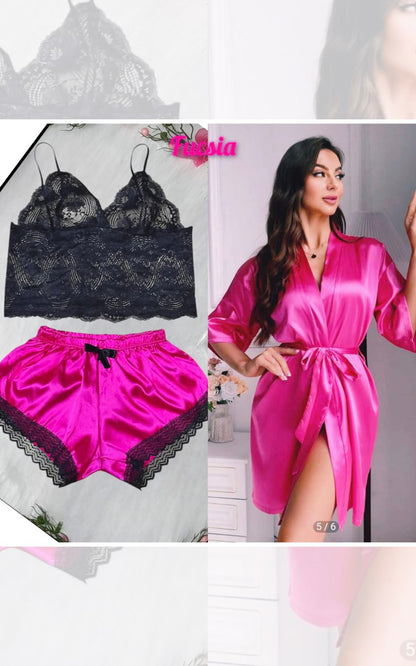 PIJAMA SEXY 4 PIEZAS FUCSIA | DIVAS